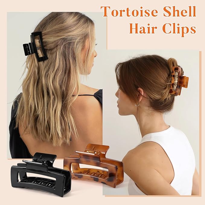 Auseibeely 6 Pack 4.1 Inch Large Claw Clips for Thick Hair, Big Tortoise Shell Claw Clip for Hat, Square Hair Clips for Thick/Long/Curly Hair, Strong Hold Non-slip Baseball Jaw Clip Accessories
