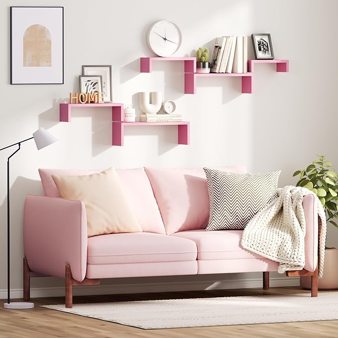 SRIWATANA Floating Shelves, Wall Shelves for Bathroom, Bedroom, Living Room, Kitchen, Office, Wood Shelves for Wall Decor Set of 5 (Pink)