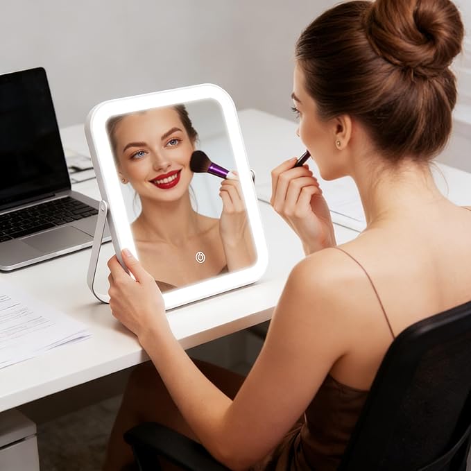 ROLOVE Travel Makeup Mirror with Lights, Ultra-Thin Aluminum Lighted Vanity Mirror, 8"x10" Rechargeable LED Mirror for Travel & Desk, 3 Color Dimmable Portable Folding Mirror, Gifts for Women