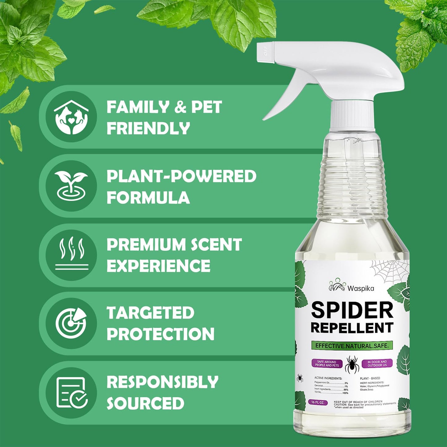 Waspika Peppermint Oil Insect and Spider Repellent Spray, Repels and Kills Ants and Bugs, Extra Strength Natural Plant Based Pest Control for Home, Kitchen and Garden, Safe for Family and Pets, 16 oz