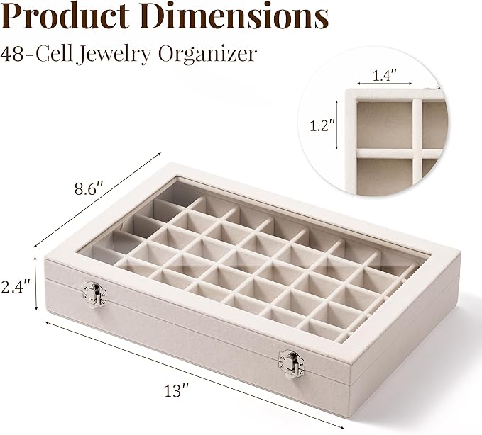 48 Grid Earring Organizer and Storage: Velvet Jewelry Tray with Lid, Jewelry Box for Studs, Earrings, Rings, Necklaces, Dresser & Vanity, Earrings Case for Girls, Women, 13"x8.6"x2.4", Beige