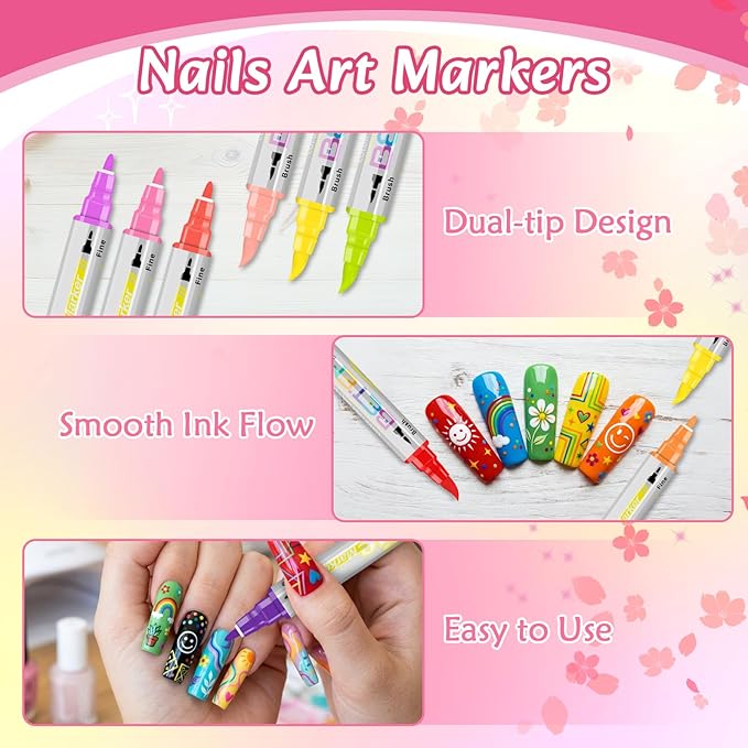 Betem Nail Art Pens Set, Dual Tip 24 Colors Nails Art Markers Non-Toxic, Quick-drying Nail Polish Pens, Acrylic Nail Kit for Home & Salon DIY, Easy French Manicure Tool, Gifts for Mom, Friends