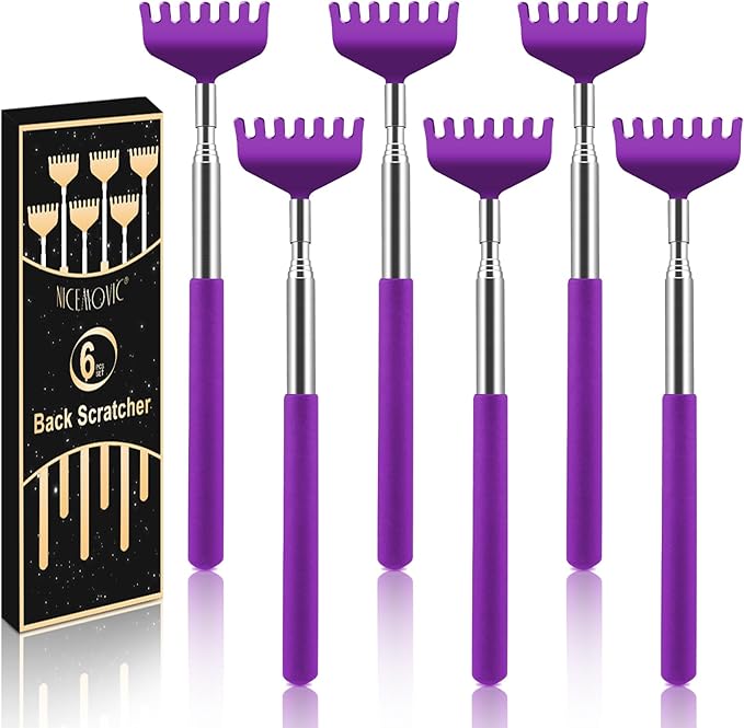 NICEMOVIC 6 Pack Back Scratcher for Women Men, Christmas Stocking Stuffers, Prizes for Adults, White Elephant Gifts for Adults, Extendable Bulk Back Massager Tool for Thanksgiving Birthday (Purple)