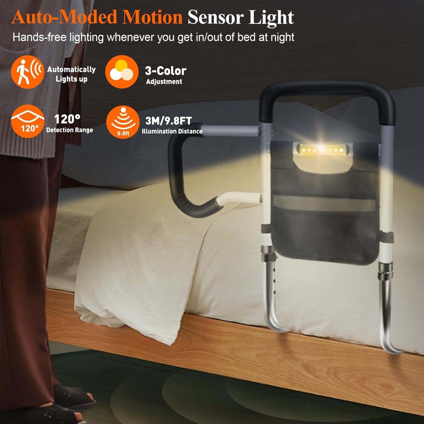 Bed Rails for Elderly Adults Safety, Adjustable Height Bed Guard Rails with Night Motion Light for Seniors, Carbon Steel Bed Assist Rails for Queen King Size Bed (Patent Pending)