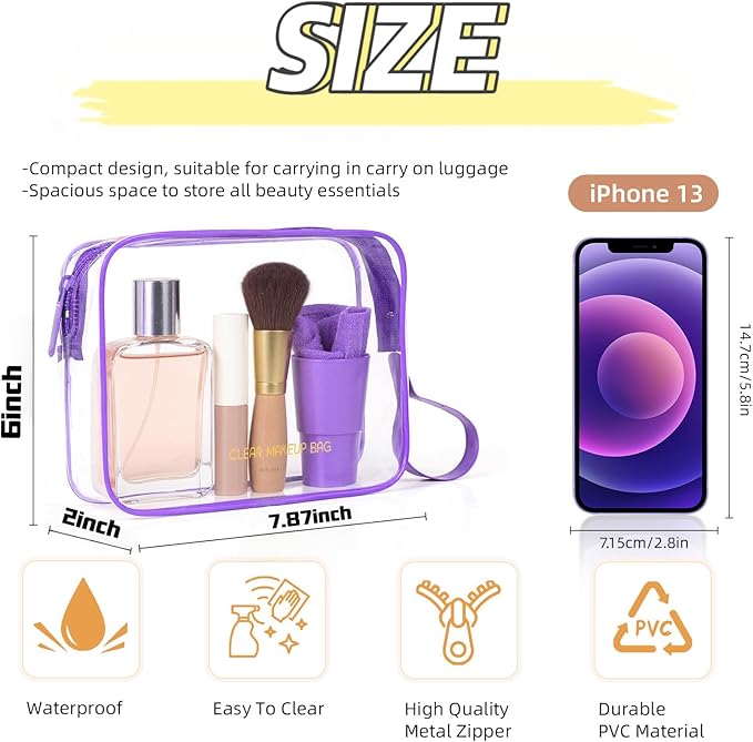 Clear Makeup Bag,2 Pack TSA Approved Toiletry Bag Travel Toiletry Bag Hanging Makeup Cosmetic bag for Women Men (Purple)