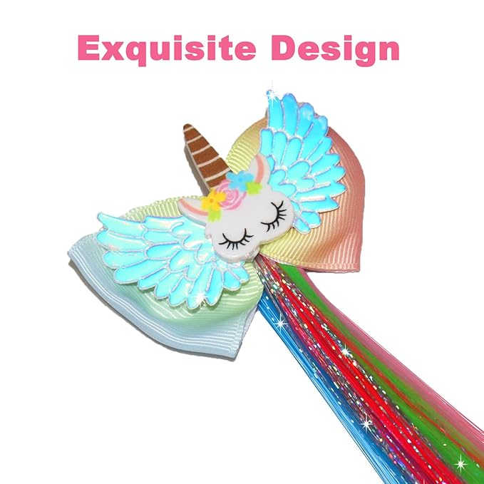 Little World 6 Pcs Rainbow Hair Extensions, Unicorn Hair Clips for Girls' Ponytails - Colored Accessories