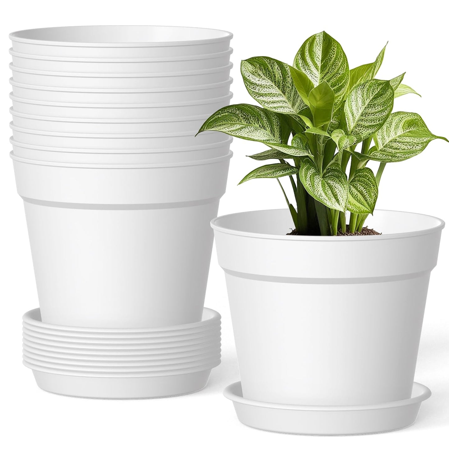 10 Pack 6 Inch Plant Pots with Drainage and Saucers, White Plastic Flower Pots for Indoor and Outdoor Plants, Stackable Nursery Planters for Houseplants and Herbs, White