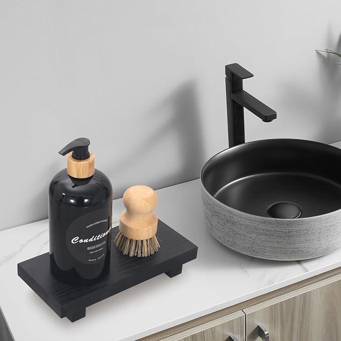 Black Bathroom Vanity Organizer Tray for Countertop Small Wooden Pedestal Stand Farmhouse Kitchen Sink Tray Decorative Hand Soap Dish Dispenser Holder Wood Risers Modern Bathroom Decor Accessories