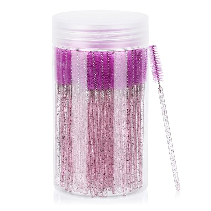 Tbestmax 100 Pcs Disposable Mascara Wands, Crystal Eyebrow Spoolies Brush for Eyelash Extensions, Lash Brushes with Container - Purple