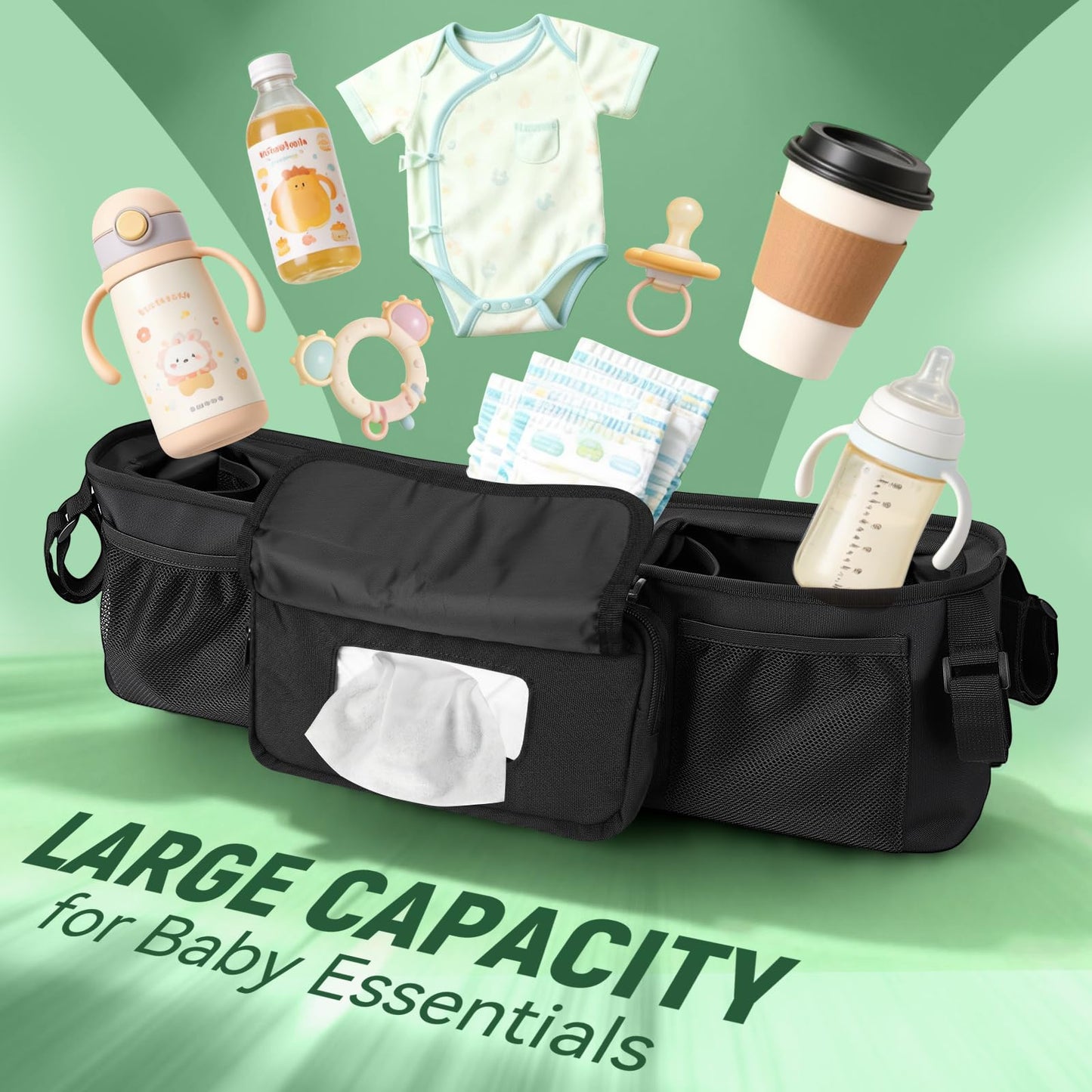 Guiseapue Double Stroller Organizer with 2 Insulated Cup Holders: Parent Console Double Jogging Stroller Accessories Fits for Baby Jogger City Mini GT2 and Jeep Double Stroller