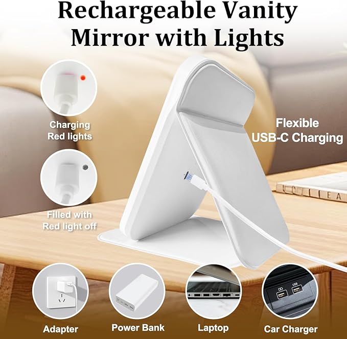 Rechargeable Travel Mirror with Light, LED Makeup Mirror with Lights, Portable Vanity Mirror with 3 Color Lighting, Touch Dimmable Lighted Cosmetic Mirror, Travel Essentials (White)