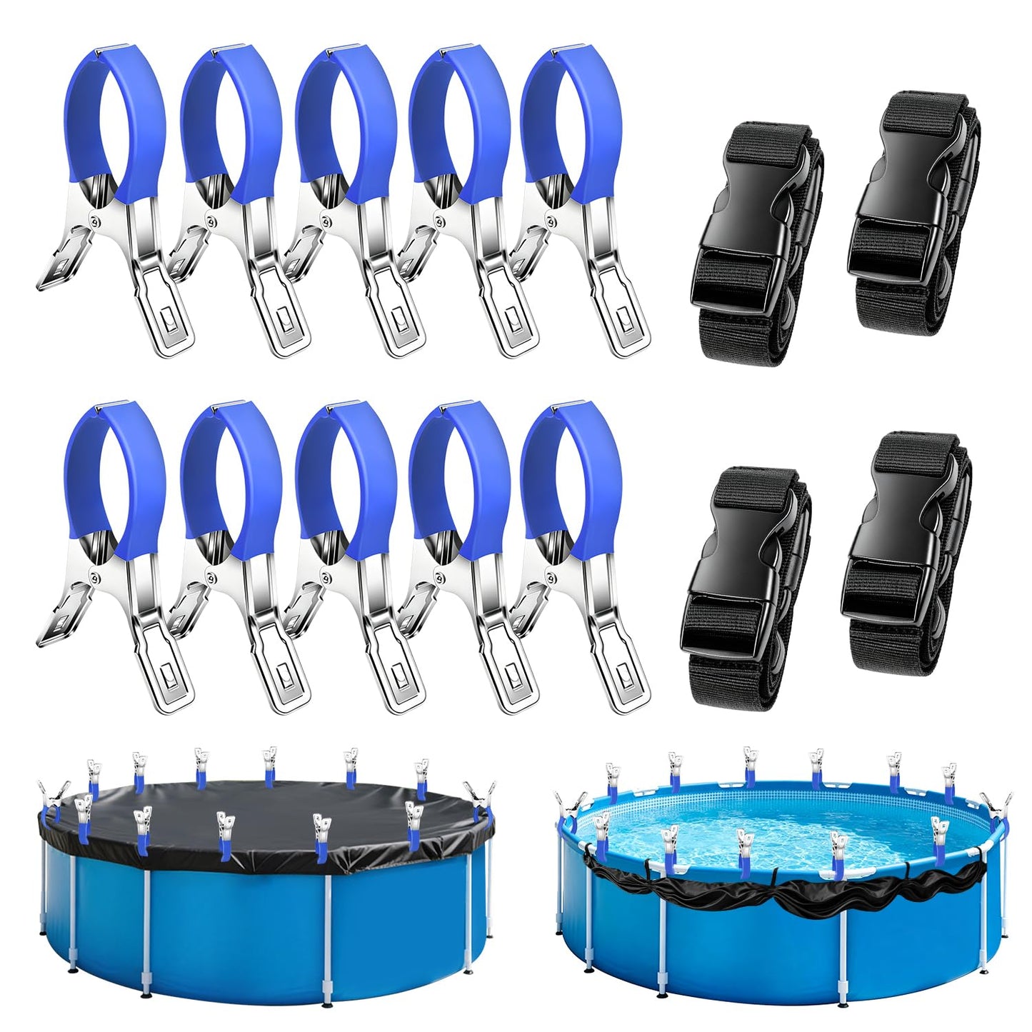Pool Cover Clips Kit and Pool Cover Side Organizer Straps, Heavy Duty Stainless Steel Pool Cover Clamps with Soft PVC Sleeves, Adjustable Pool Cover Straps for Above Ground Pool, Wind Guard Clip Set