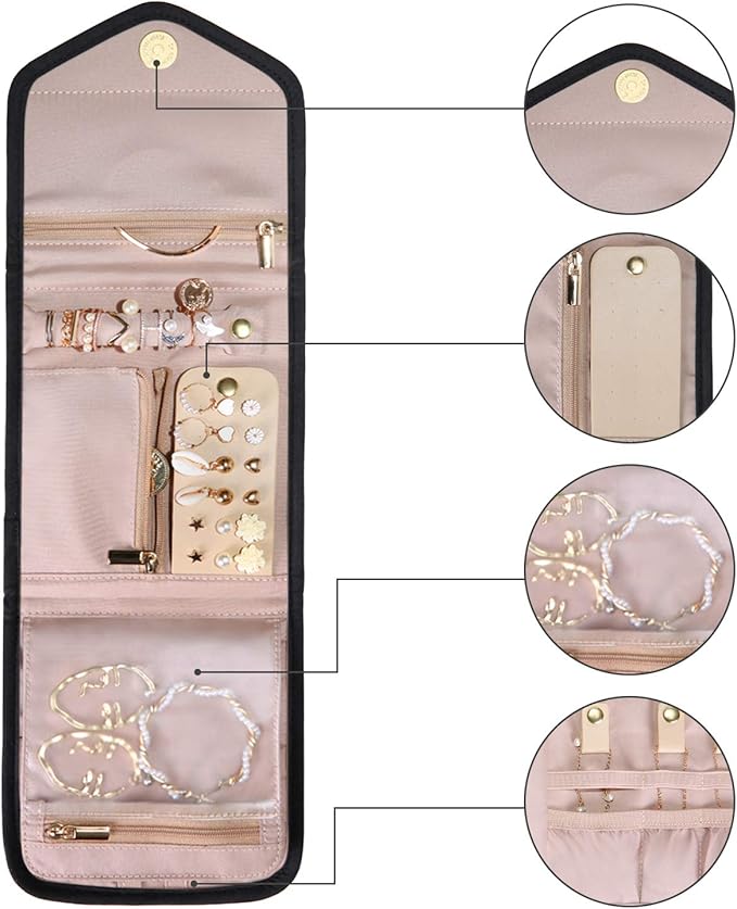 BAGSMART Travel Jewelry Organizer Case Foldable Jewelry Roll for Journey Rings, Necklaces, Earrings, Bracelets, Mini, Black
