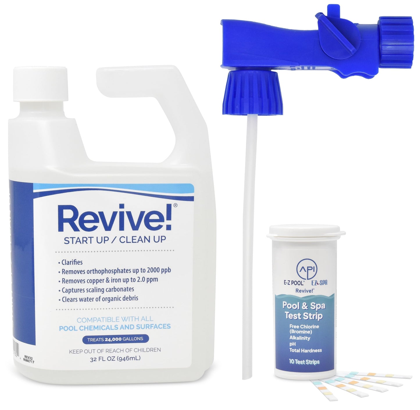 REVIVE 32 oz Water Care Long Lasting Non Foaming Formula for Pools with Test Strips