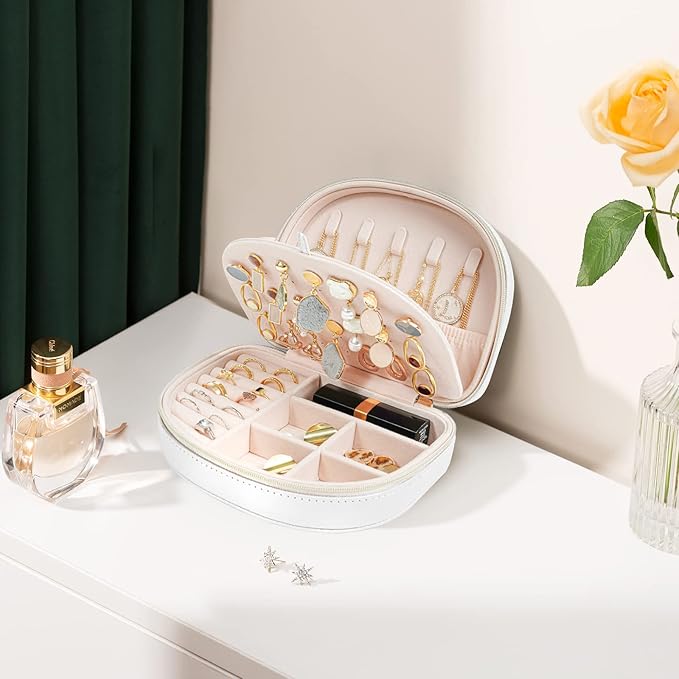 ProCase Travel Size Jewelry Box, Medium Portable Seashell-Shaped Jewelry Case, 2 Layer Mini Jewelry Organizer in PU Leather for Women -White