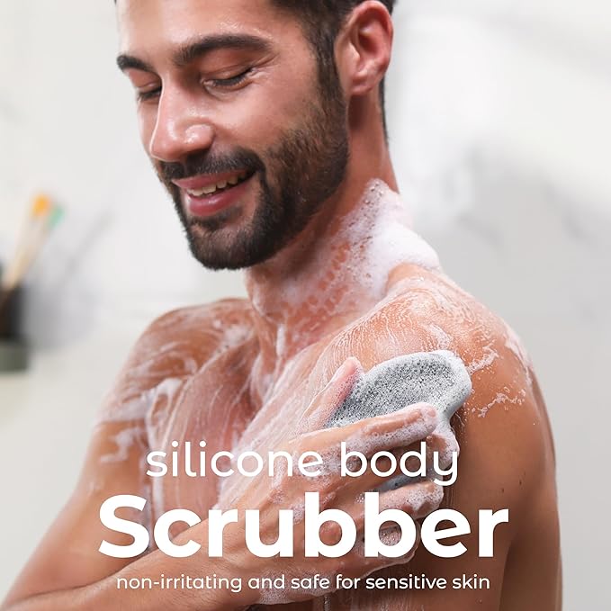 MainBasics Silicone Body Scrubber Dual-Sided Shower Loofah and Massaging Nodes (Black, Massage)
