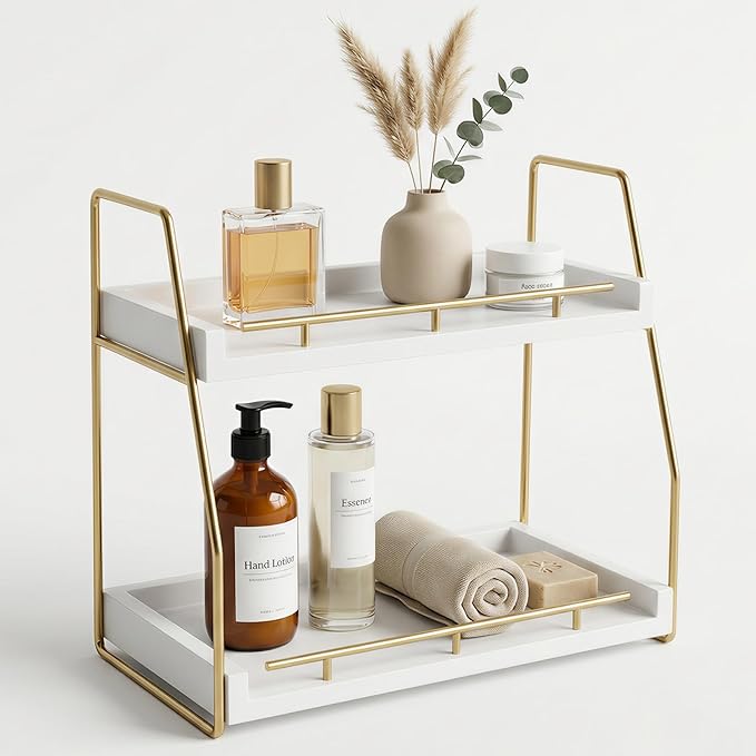 Mustry Bathroom Countertop Organizer, 2-Tier Makeup Organizer for Vanity, Wooden Shelf with Gold Metal Frame for Skincare, Perfume & Decor (White&Gold)