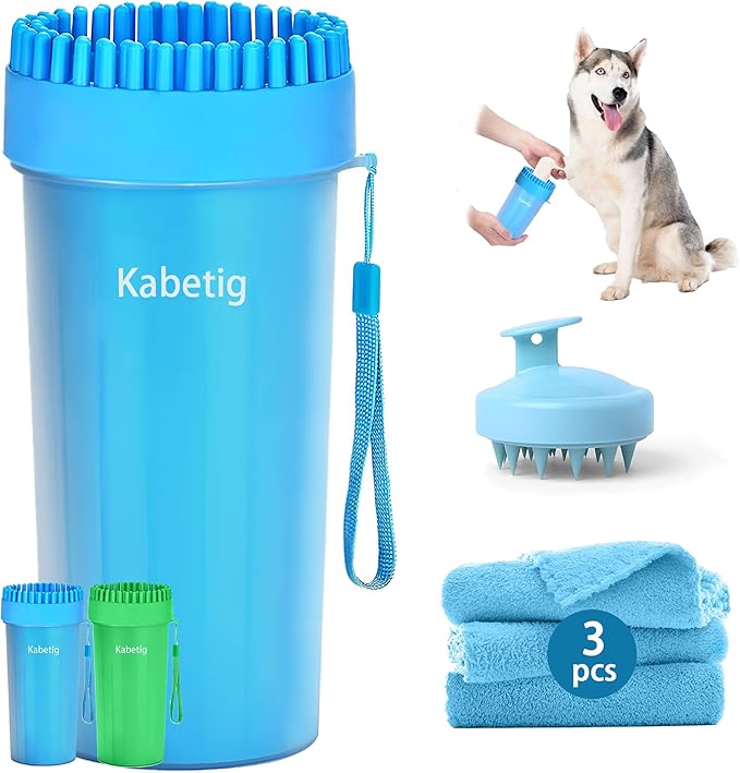 Dog Paw Cleaner Kit for L/XL Dogs - Quick Clean No Full Bath, 2-in-1 Paw Wash Cup with Detachable Silicone Brush Head, Includes Bath Brush & 3 Absorbent Towels, Blue