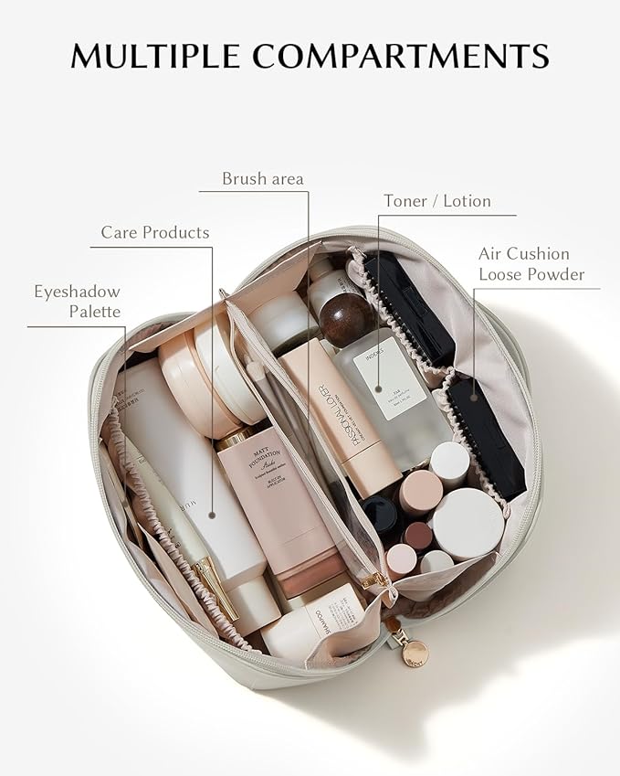 EACHY Travel Makeup Bag, Large Capacity Cosmetic Bag for Women, Waterproof PU Leather, Flat Open Portable Toiletry Bag for Skincare, Brushes & Travel Essentials