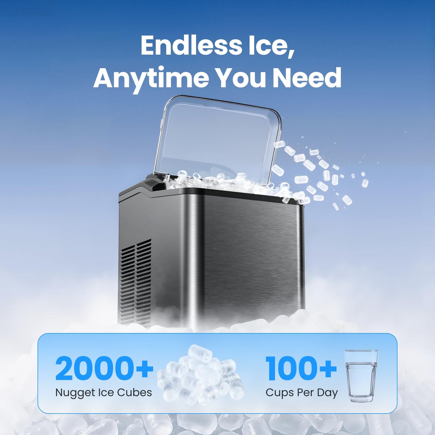 VIBOFROST Nugget Ice Maker Countertop, Fast 35lbs/24H Sonic Pebble Ice Machine, Self-Cleaning Anti-Scale System, Stainless Steel Portable Ice Maker for Home, Kitchen, RV, 10 Cleaning Packets