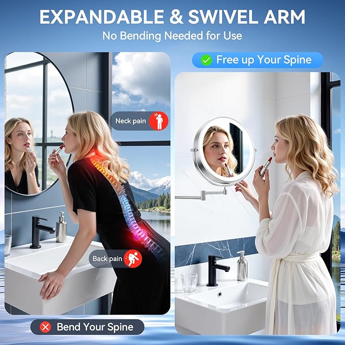 10'' 30X/1X Wall Mounted Lighted Makeup Mirror, 5000mAh Rechargeable Double-Sided Magnifying Mirror with Light, LED Vanity Mirror Touch Dimmable 3 Colors 360° Rotation Extended Foldable Arm, Chrome