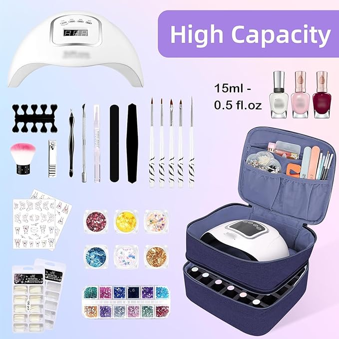 Nail Polish Organizer Holds 30 Bottles (15ml - 0.5 fl.oz) Double-layer Gel Nail Polish Kit Case, Nail Holder for Nail Lamp, Portable Nail Organizer and Storage for Nail Supplies (Blue)