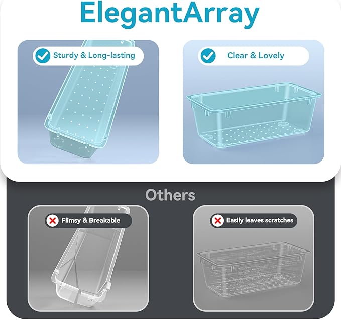 12-Piece Drawer Organizer Set, 4 Sizes Versatile Plastic Vanity Organizer for Makeup, Stationery, Gadgets, in Kitchen, Bathroom, Office, and Bedroom, Sea Blue