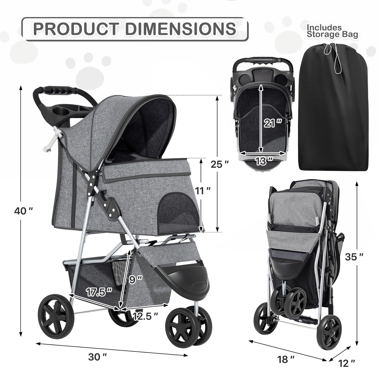 MoNiBloom 3 Wheels Pet Dog Cat Stroller for Small Medium Dogs and Cats, Lightweight Foldable Jogger Stroller w/Storage Basket and Cup Holder, Gray