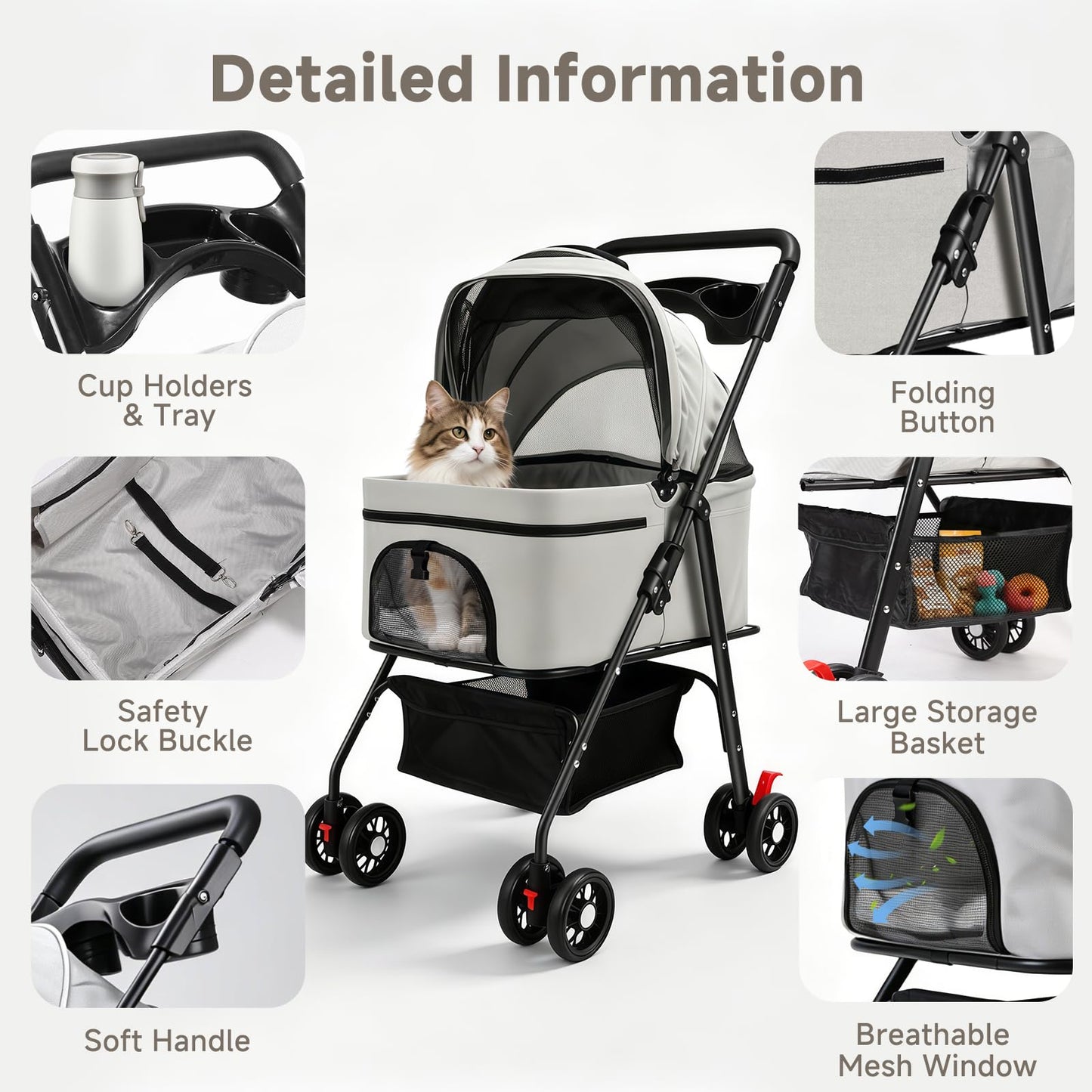 AODI Pet Stroller for Small Dogs and Cats with 4 Wheels, 3 in 1 Foldable Dog Stroller with Detachable Carrier, Breathable Mesh, Storage Basket & Cup Holder, Up to 33 lbs