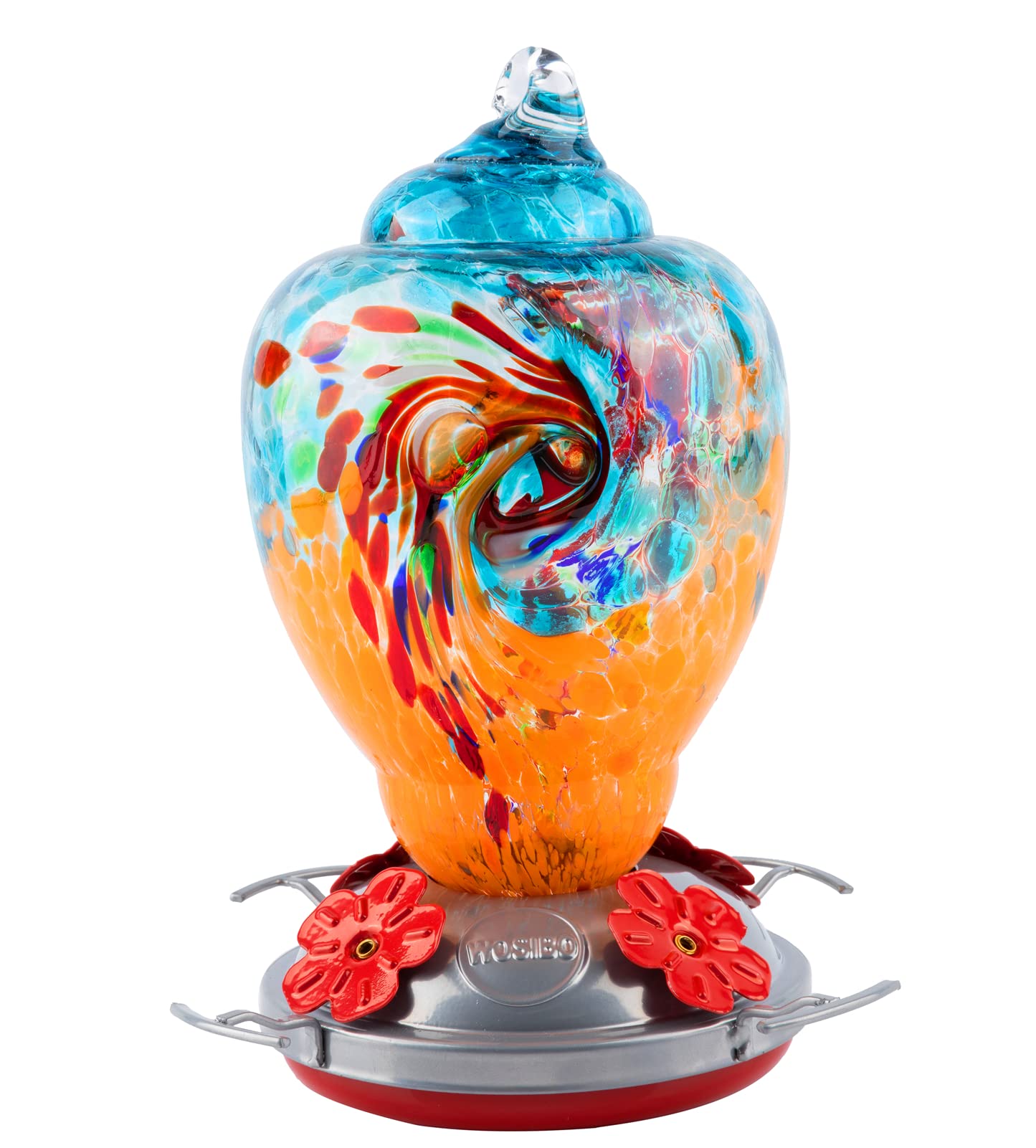 WOSIBO Hummingbird Feeder for Outdoors Patio Large 32 Ounces Colorful Hand Blown Glass Hummingbird Feeder with Ant Moat Hanging Hook, Rope, Brush and Service Card (Blue-Orange)