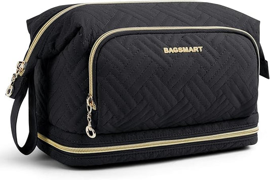BAGSMART Travel Makeup Bag, Cosmetic Bag Make Up Organizer Case, Large Wide-open Pouch for Women Double Layers Purse for Toiletries Accessories Brushes Black