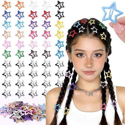 50 PCS Colorful Hair Clips Silver Star Hair Clips, 1.18 Inch Y2K Accessories Silver Snap Clip, Non-Slip Small Star Barrettes Accessories for Girls Women, Cool Ornament Set for Rave Decor