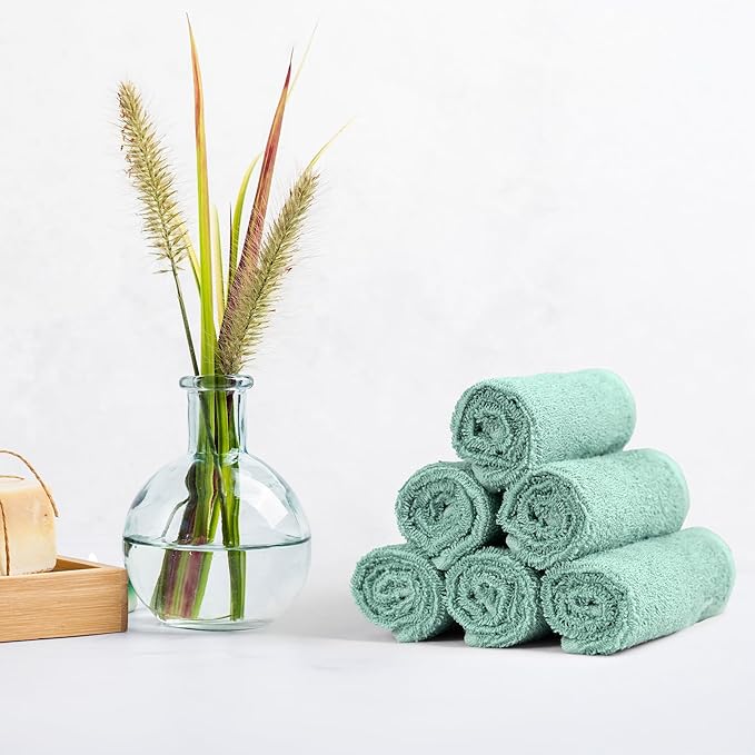 Amazon Basics Highly Absorbent, Fast Drying 100% Cotton Washcloths for Bathroom, Machine Washable, 12 x 12 inches, Seafoam Green, 24-Pack