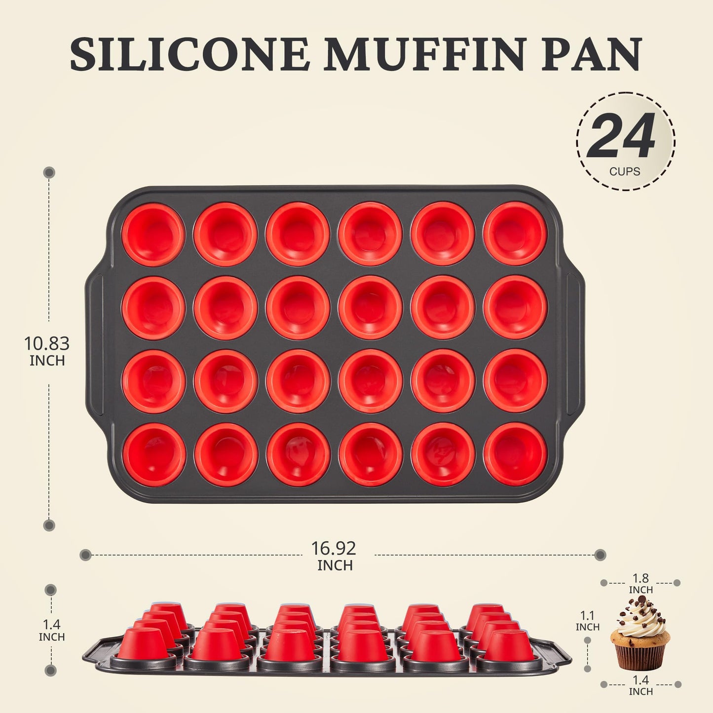 Silicone Mini Muffin Pan with Metal Frame, Egg Bite Molds for Baking for Baking, Cupcake Pans 24 Regular Size, Muffin Tins Easy to Pop Nonstick Non Toxic Bakeware for Oven,Red