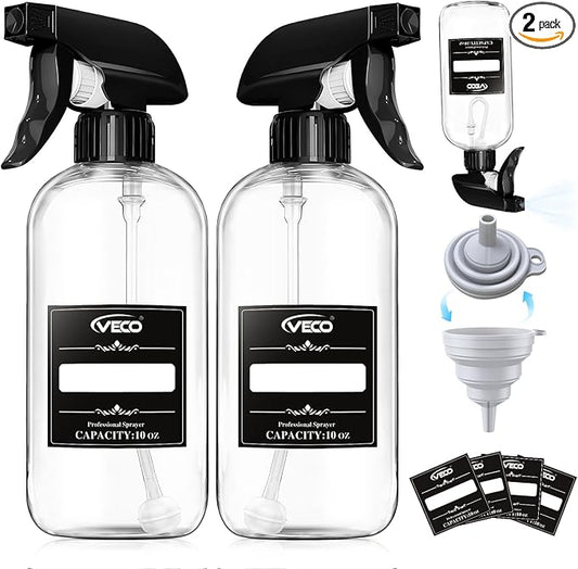 Veco 300mL (10oz) 360° Spray Bottles, 2-Pack — Adjustable Nozzle, Leak-Resistant spray bottles for Cleaning, Plants, Hair & Pet Use + Foldable Funnel