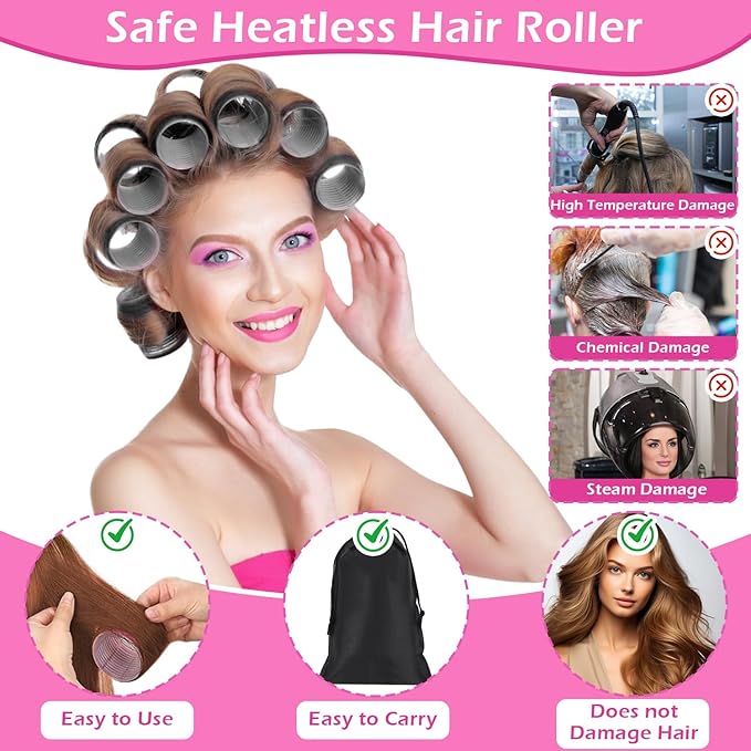 50Piece Hair Rollers Set, Self-Grip Rollers Hair Curlers for Long Medium Short Hair, 4 Sizes of Hair Rolls(6 Jumbo + 6 Large + 6 Medium + 6 Small + 1 Storage Bag), and 24Pcs Clips/1Pcs Comb