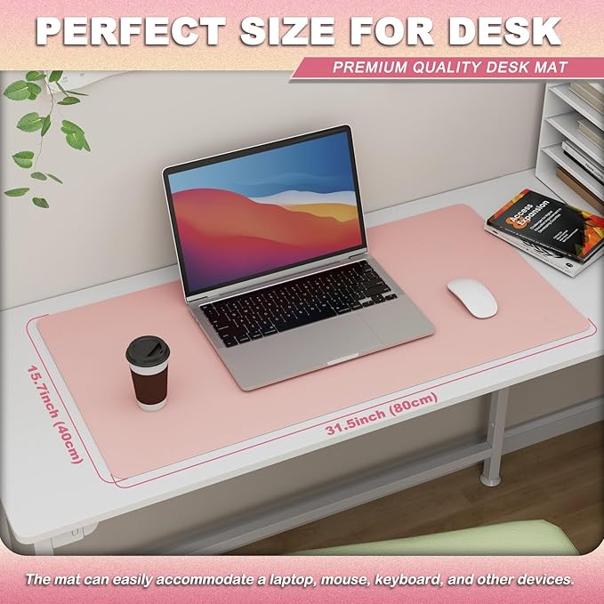 K KNODEL Leather Desk Pad Protector, Office Desk Mat, Large PVC Leather Desk Blotter, Non-Slip Mouse Pad (Pink, 15.7" x 31.5")