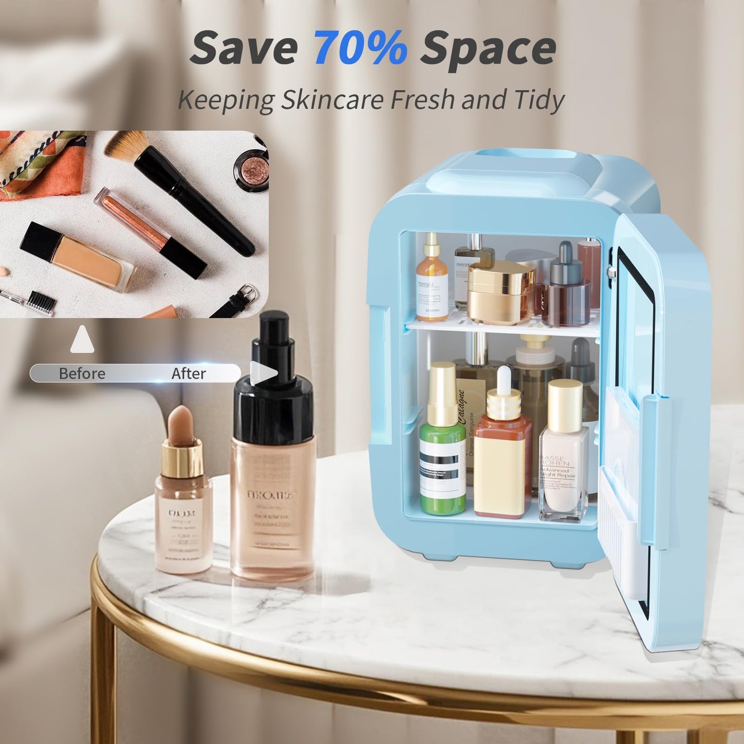 YASHE Skincare Fridge Mini Fridge for Bedroom with Dimmable LED Mirror, 4Liter/6 Cans Cooler and Warmer for Makeup, Cosmetic, Beauty, Portable Refrigerator for Bedroom, Vanity, Office and Car- Blue