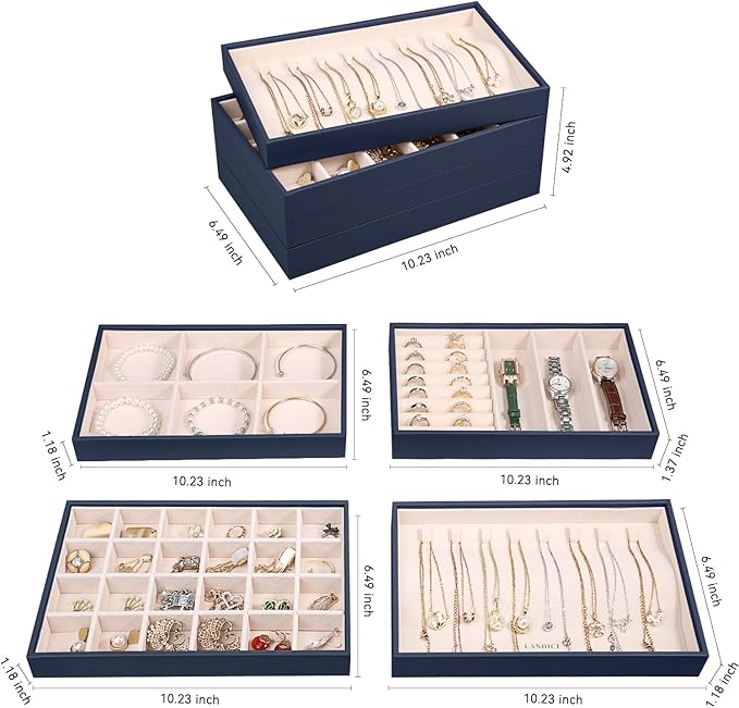 LANDICI Stackable Jewelry Organizer Trays 4 Set,PU Leather Jewelry Organizer Drawer,Jewelry Storage Display Tray for Earring Necklace Rings Bracelet with Removable Dividers,Dark Blue
