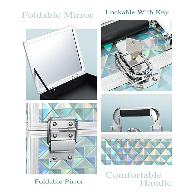 Joligrace Makeup Box 11.6-Inch Cosmetic Train Case for Women Travel Jewelry Organizer with Compartments & Mirror Portable Lockable Make-up Trunk Turquoise