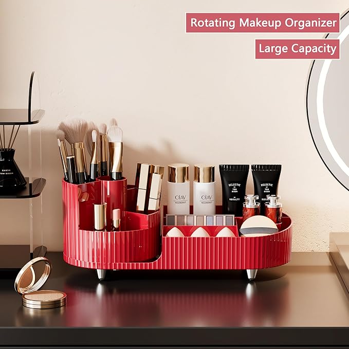 Rotating Makeup Organizer for Vanity with Brush Holder, Cosmetic Makeup Storage Organizer, Large Spinning Makeup Skincare Organizer, Countertop Makeup Perfume Organizer, Lotions Display Case Red