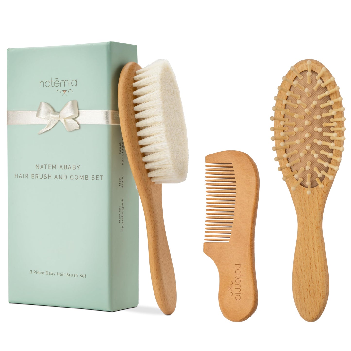 Natemia Wooden Baby Hair Brush & Comb Set - Natural Goat Hair Bristles & Soft Bristle Brush - Gentle Scalp Massage & Cradle Cap Comb - For Newborns & Toddlers, Baby Grooming Kit