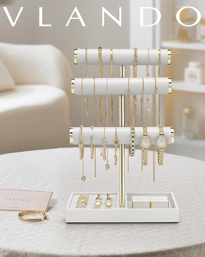 VLANDO 3 Tier Bracelet Holder Organizer with Tray - Leather Jewelry Stand Organizer for Women - Jewelry Holder Display for Necklace, Watches, Rings, Earrings, Bangle, Scrunchie - White