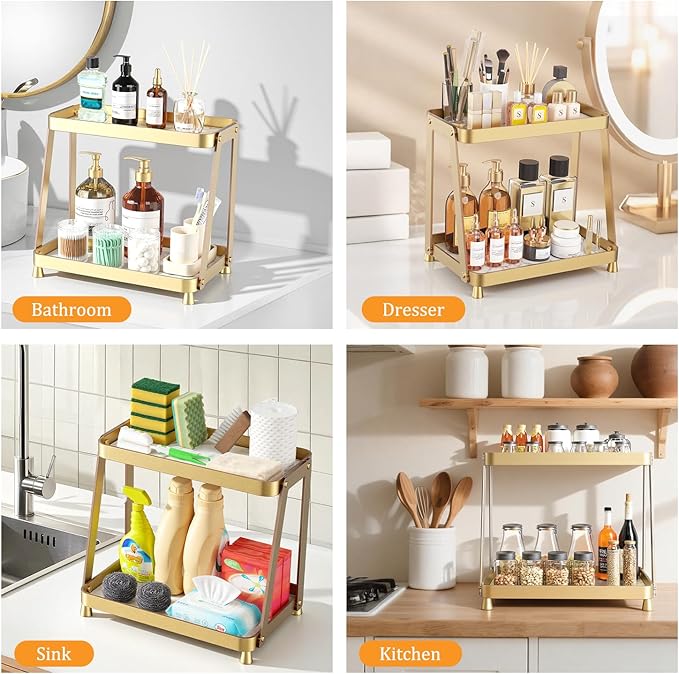 Bathroom Counter Organizer - 2-Tier Acrylic Makeup Organizer Countertop with Marble Tray, Perfume Organizer & Vanity Organizer, Makeup Tray Shelf for Skincare, Cosmetics Display, Gold