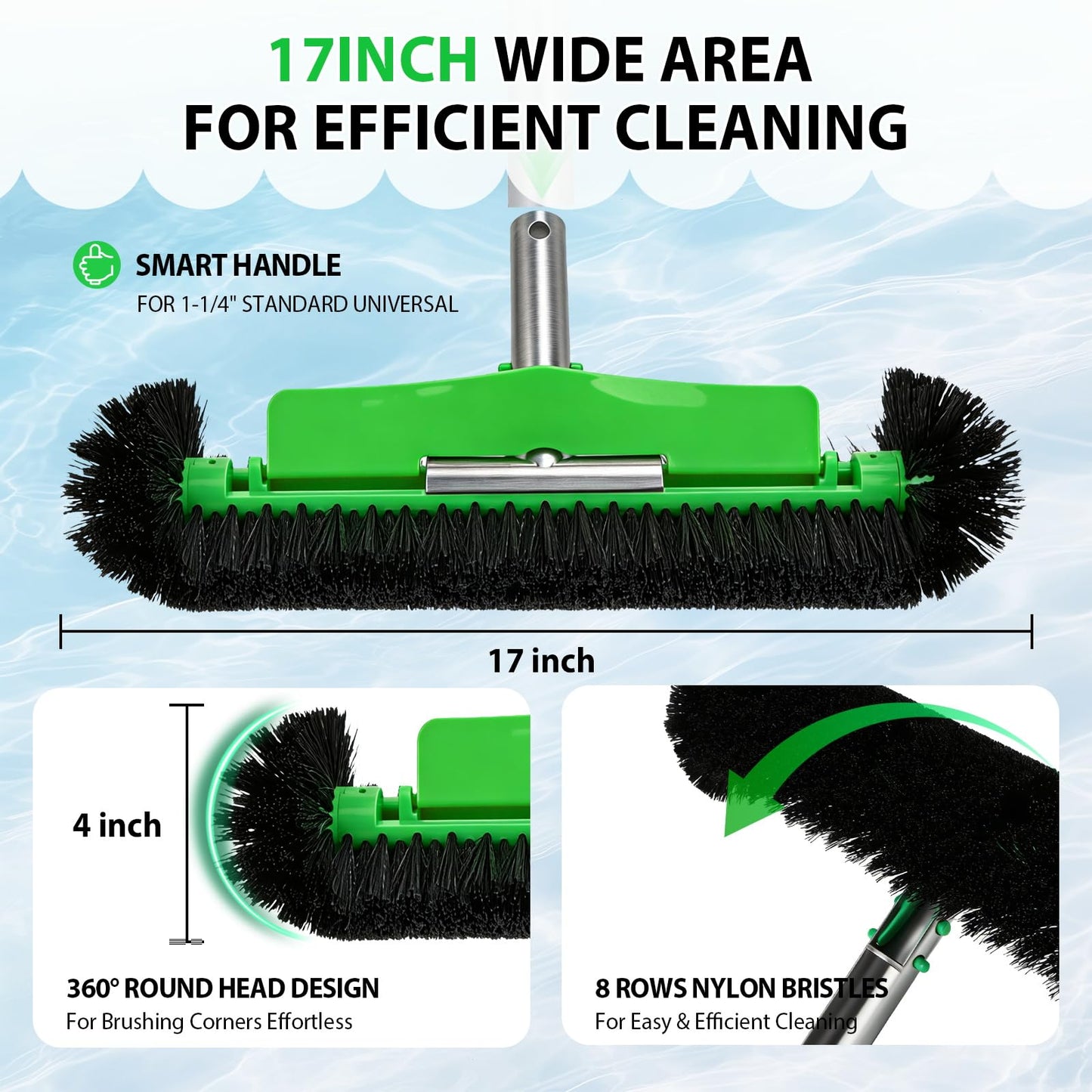 17.5" Professional Pool Brush - Sticks to Walls & Floor, High-Efficiency Heavy Duty Inground/Above Ground Pool Scrub Brushes with Round Ends, Premium Nylon Bristle,Reinforced Aluminium, Safe for Vinyl