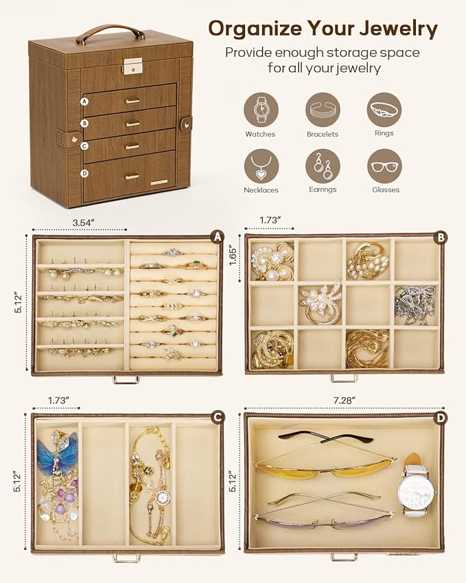 Homde Synthetic Leather Huge Jewelry Box Mirrored Watch Organizer Necklace Ring Earring Storage Lockable Gift Case (Brown + Gold)