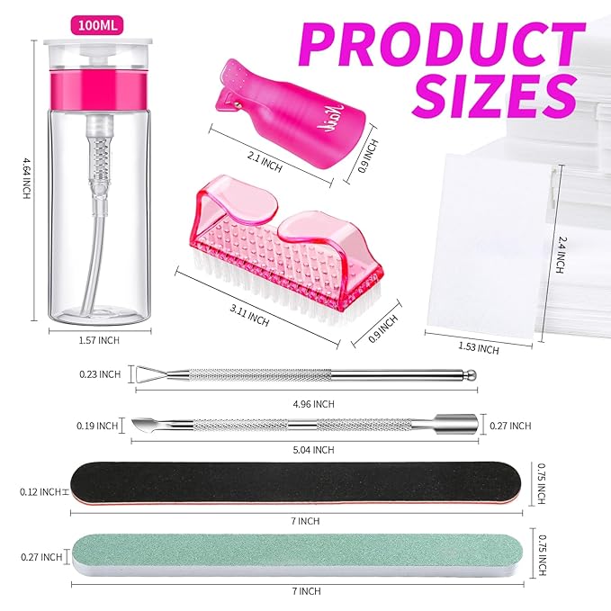 FANDAME Gel Nail Polish Remover Tools Kit, 10 PCS Nail Polish Remover Clips Rose Red, 100ml Nail Polish Remover Bottle, 500PCS Cotton Pad, Nail Brush, Cuticle Pusher, Nail File, Buffer Block Tools kit