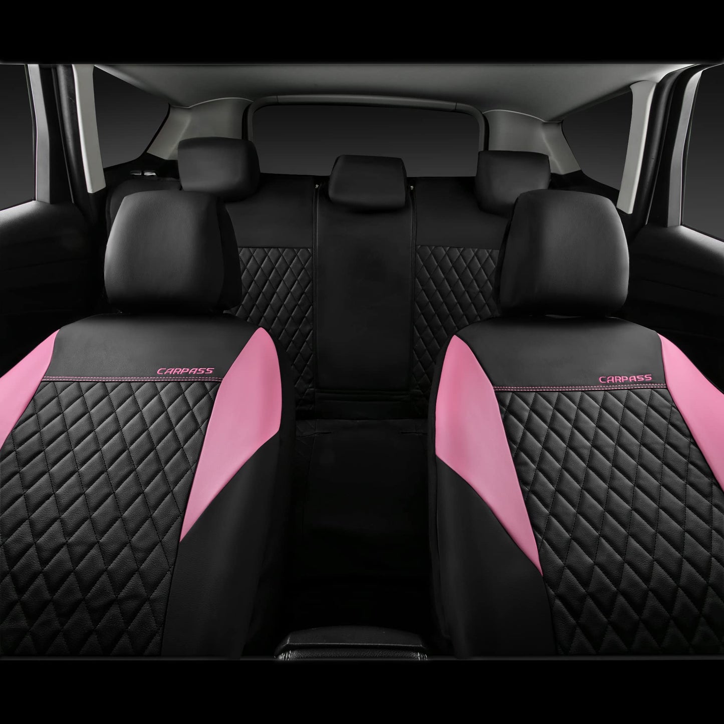 CAR PASS Pink Leather Seat Covers,Girly Quilting Pretty Cute Car Seat Cover with 5mm Composite Sponge Inside,Airbag Compatible, Universal Fit for Most Sedan,SUV,Vans(Full Set,Pink)