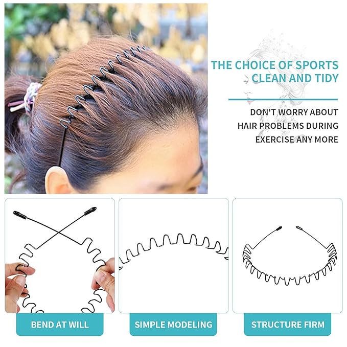 Metal Hair Bands for Men Womens Headbands Fashion Black Wavy Hair Band Spring Outdoor Sports Headbands Unisex Head Bands Accessories Simple Elastic Headwear