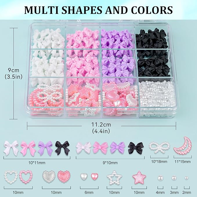 600 Pcs 3D Nail Charms and Flatback Pearls Set 7, 4 Colors Nail Bows Charm + Pink&White Star Heart Moon Cute Nail Jewels + 2-4mm White Nail Pearls for Nail Art DIY Decoration with Pickup Tools